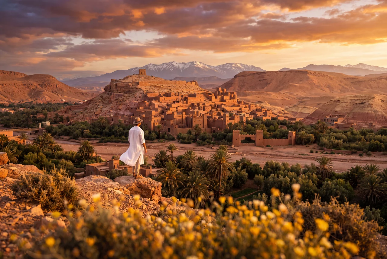 Traveler overlooking Ait Ben Haddou UNESCO ksar at golden hour — one of the best day trips from Marrakech Morocco 2026