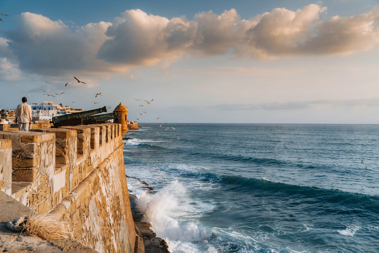 Hero image for the article "Essaouira Day Trip from Marrakech 2026: Complete Guide." The 18th-century Skala de la Ville sea fortress in Essaouira, Morocco — the city's most iconic landmark and the highlight of a day trip from Marrakech. The UNESCO-listed medina of Essaouira is 184 km west of Marrakech (2.5 hours by private car). Private day trips start from €45 per person.