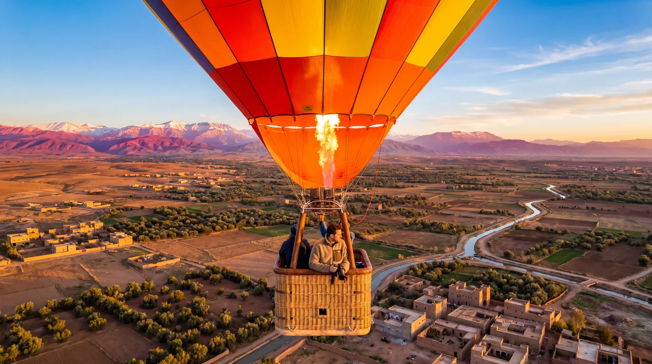 Hot air balloon Marrakech sunrise flight — colorful balloon envelope over the Haouz plain with snow-capped Atlas Mountains visible in the distance, Morocco 2026