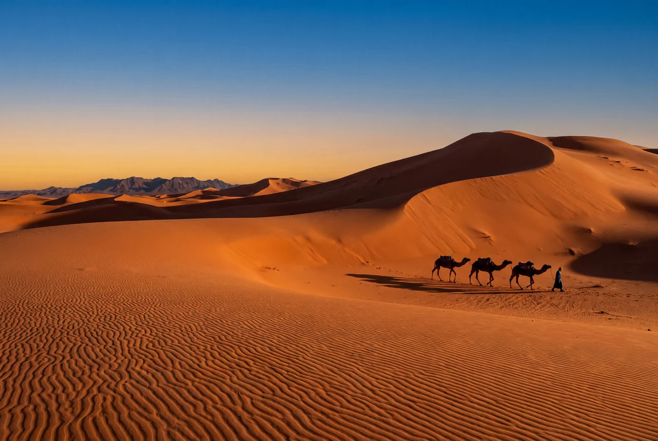 Camel caravan silhouetted against golden Erg Chebbi dunes at sunset — Marrakech to Merzouga desert tour Morocco 2026