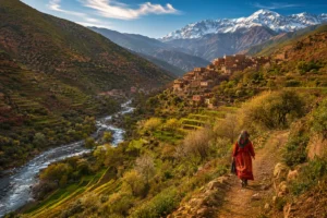 Three valleys excursion from Marrakech — lush green Ourika Valley with terraced Berber farms, traditional mud-brick village, and snow-capped Jebel Toubkal Atlas Mountains in the background, Morocco 2026