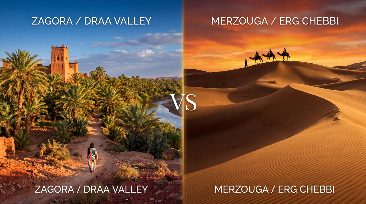 Zagora vs Merzouga comparison — Draa Valley palm oasis and Kasbah on the left versus towering Erg Chebbi golden dunes and camel caravan at sunset on the right, Morocco desert 2026