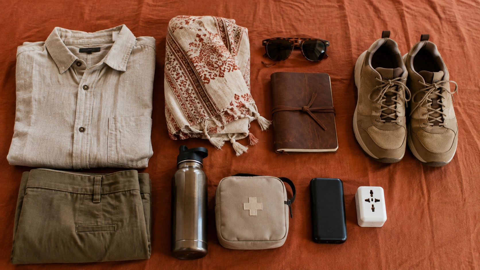 Morocco packing list flatlay with desert travel essentials