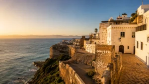 The Tangier Kasbah overlooking the Strait of Gibraltar with Spain visible across the water, the unique ferry-accessible gateway for Morocco tours from Tangier