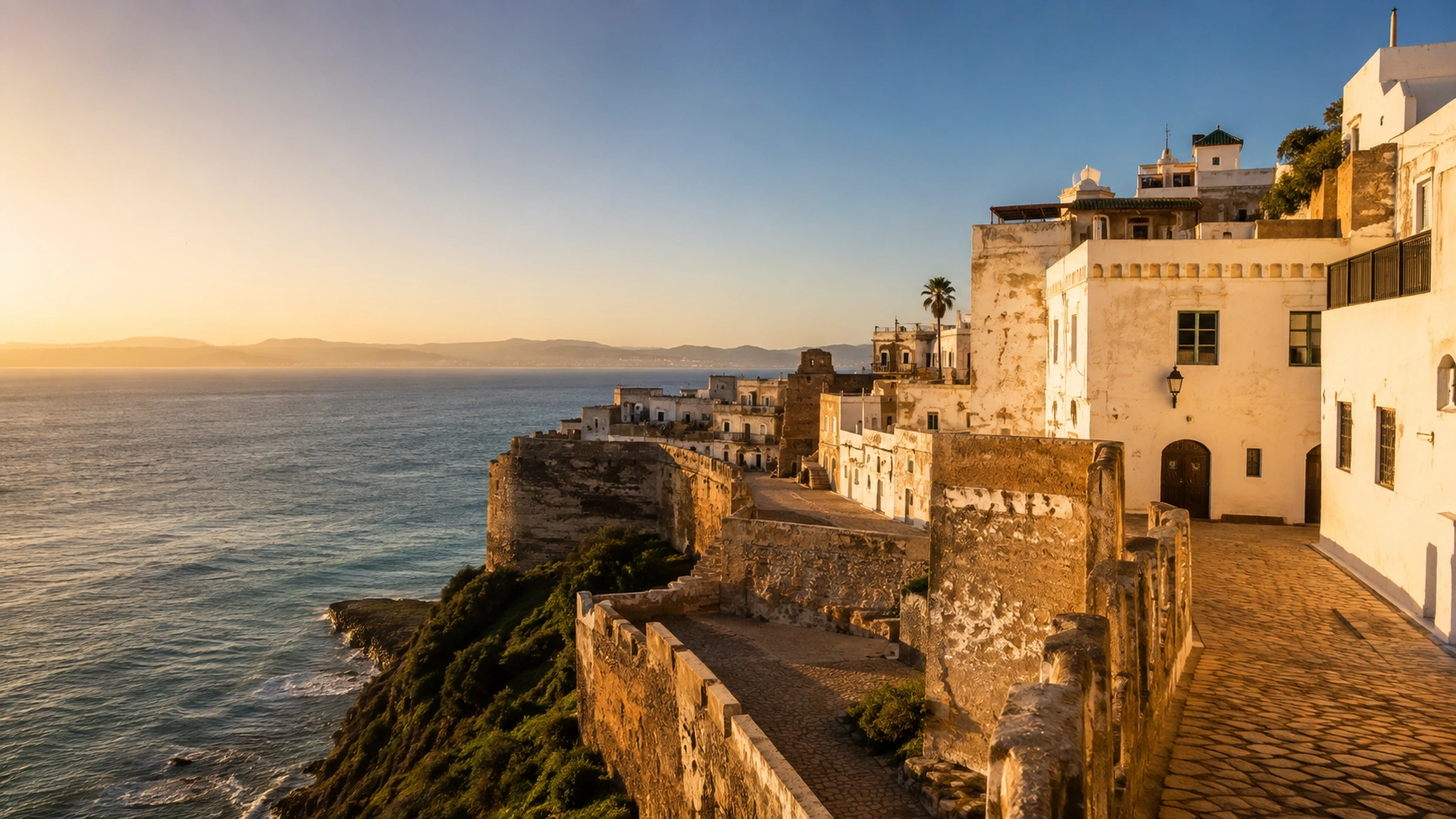 The Tangier Kasbah overlooking the Strait of Gibraltar with Spain visible across the water, the unique ferry-accessible gateway for Morocco tours from Tangier